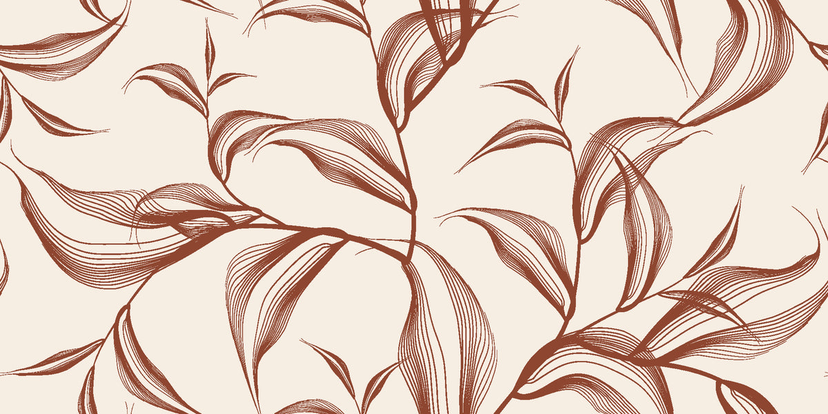 Sketched Silence Rust line art leaf wallpaper in rust and cream