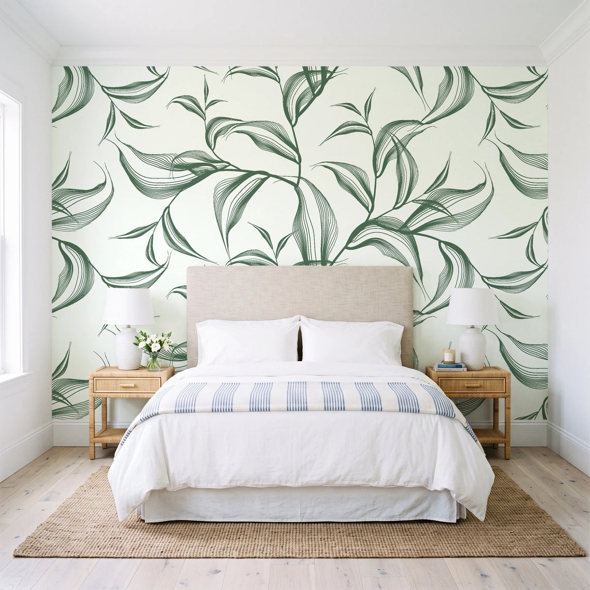 Sketched Silence Sage line art leaf wallpaper behind a queen bed in a bright coastal bedroom