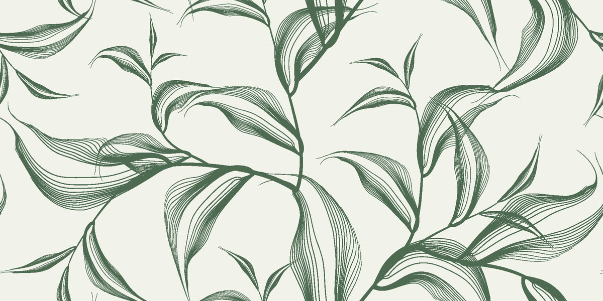 Sketched Silence Sage line art leaf wallpaper in sage and cream