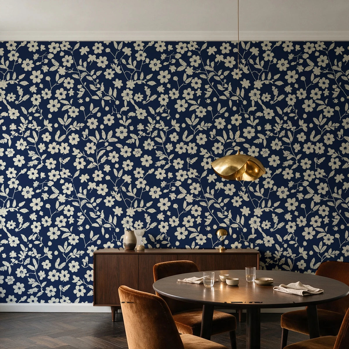Sky Bloom Midnight floral wallpaper in an elegant dining room