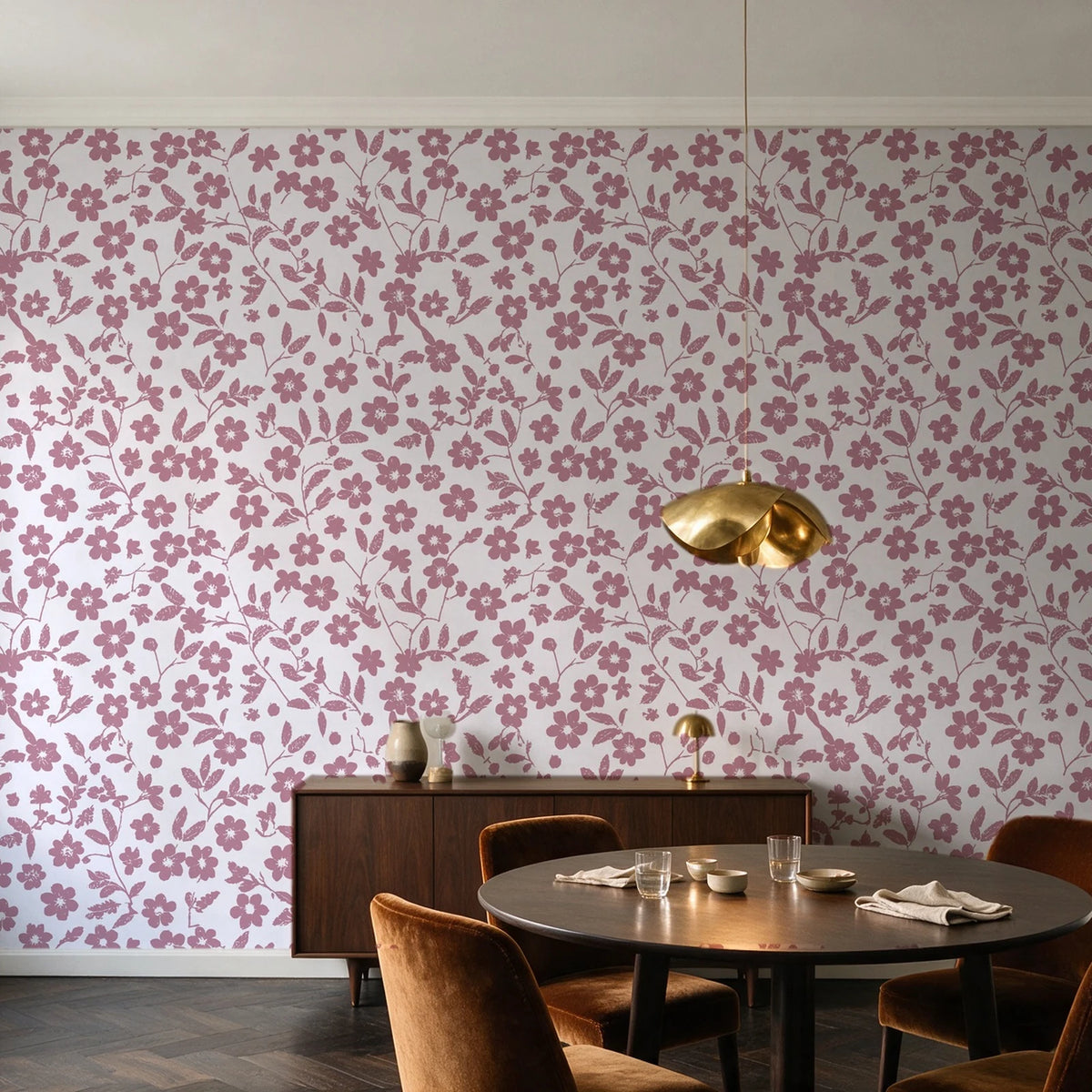 Sky Bloom Rose floral wallpaper in an elegant dining room