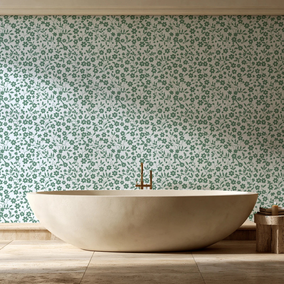 Sky Bloom Sage floral wallpaper creating ambiance in a serene spa bathroom