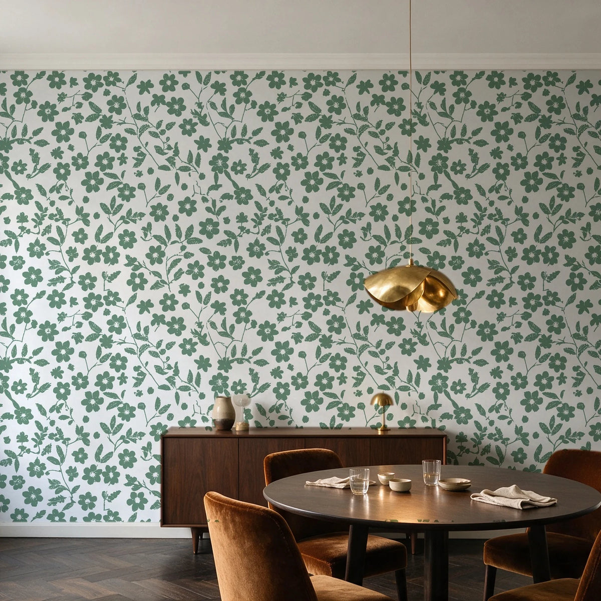 Sky Bloom Sage floral wallpaper in an elegant dining room