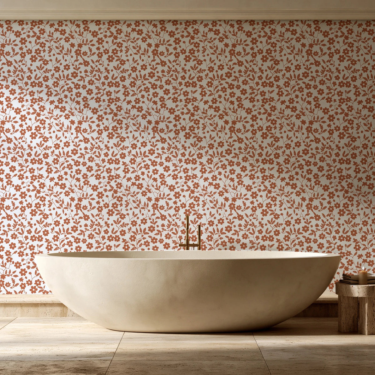 Sky Bloom Terracotta floral wallpaper creating ambiance in a serene spa bathroom