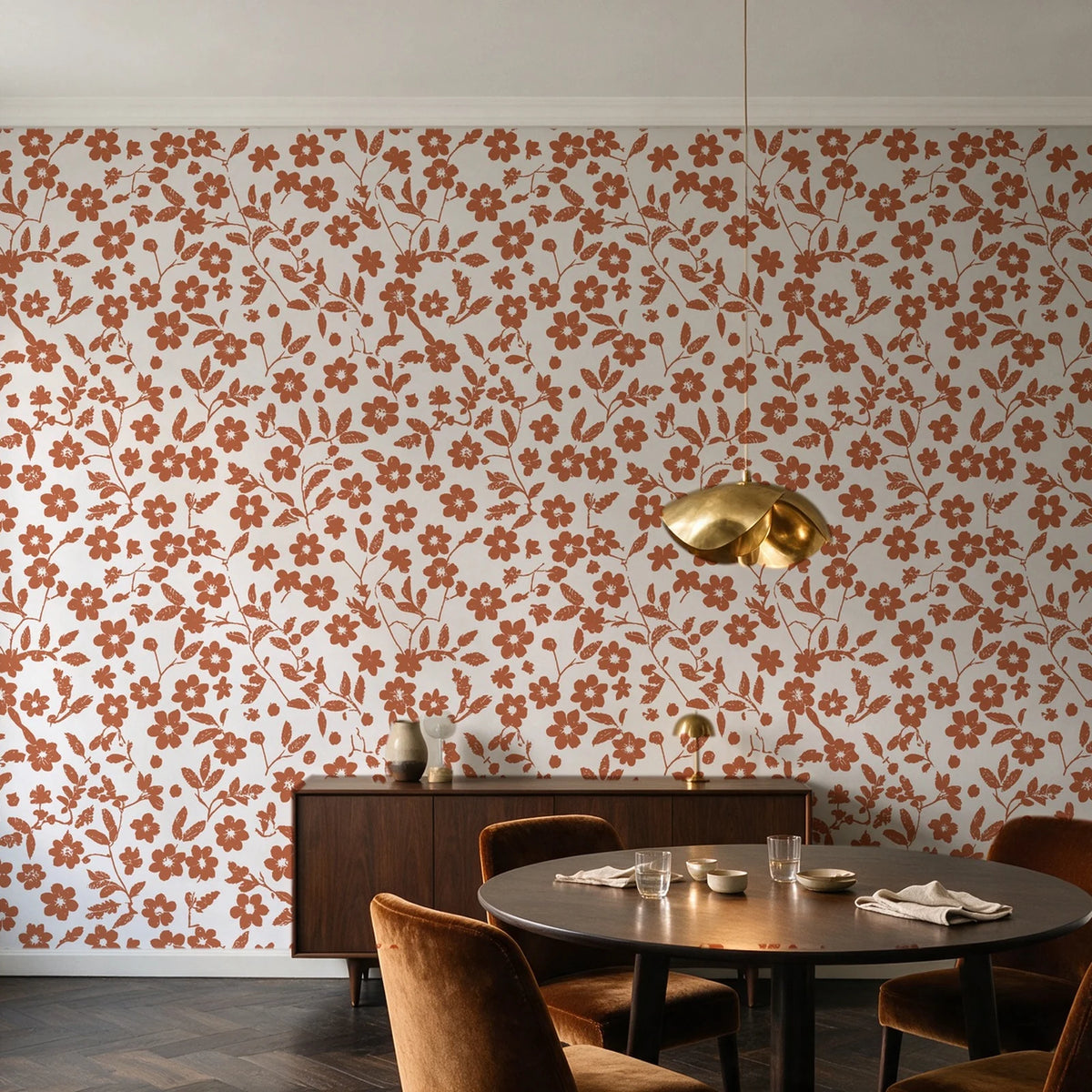 Sky Bloom Terracotta floral wallpaper in an elegant dining room