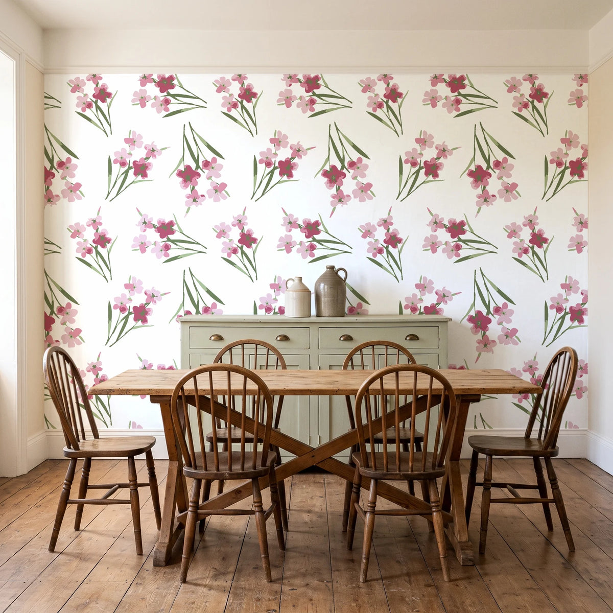Sky Memory Rosewood watercolor floral wallpaper in a farmhouse dining room with a sage sideboard and rustic trestle table