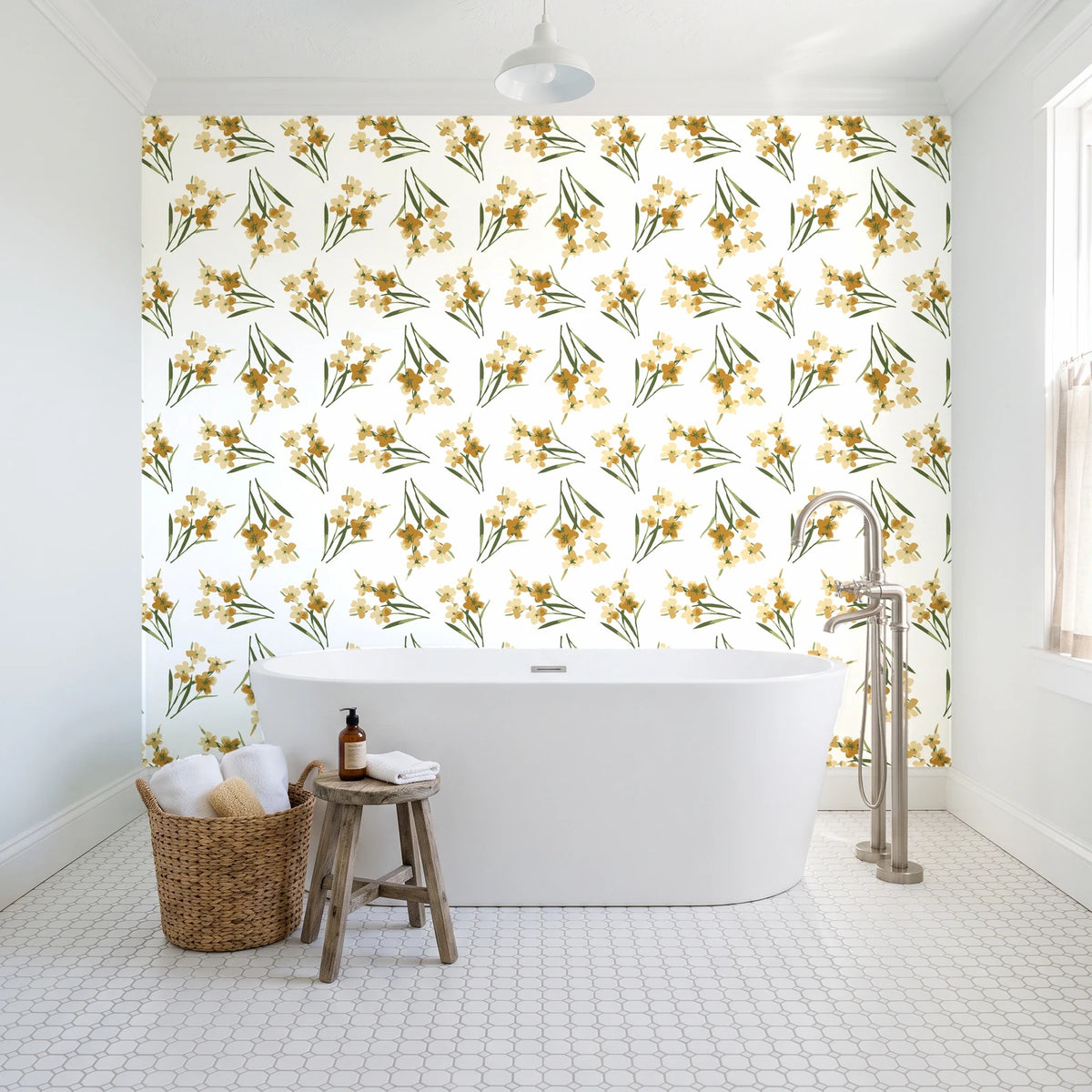 Sky Memory Saffron watercolor floral wallpaper behind a freestanding tub in a bright coastal bathroom