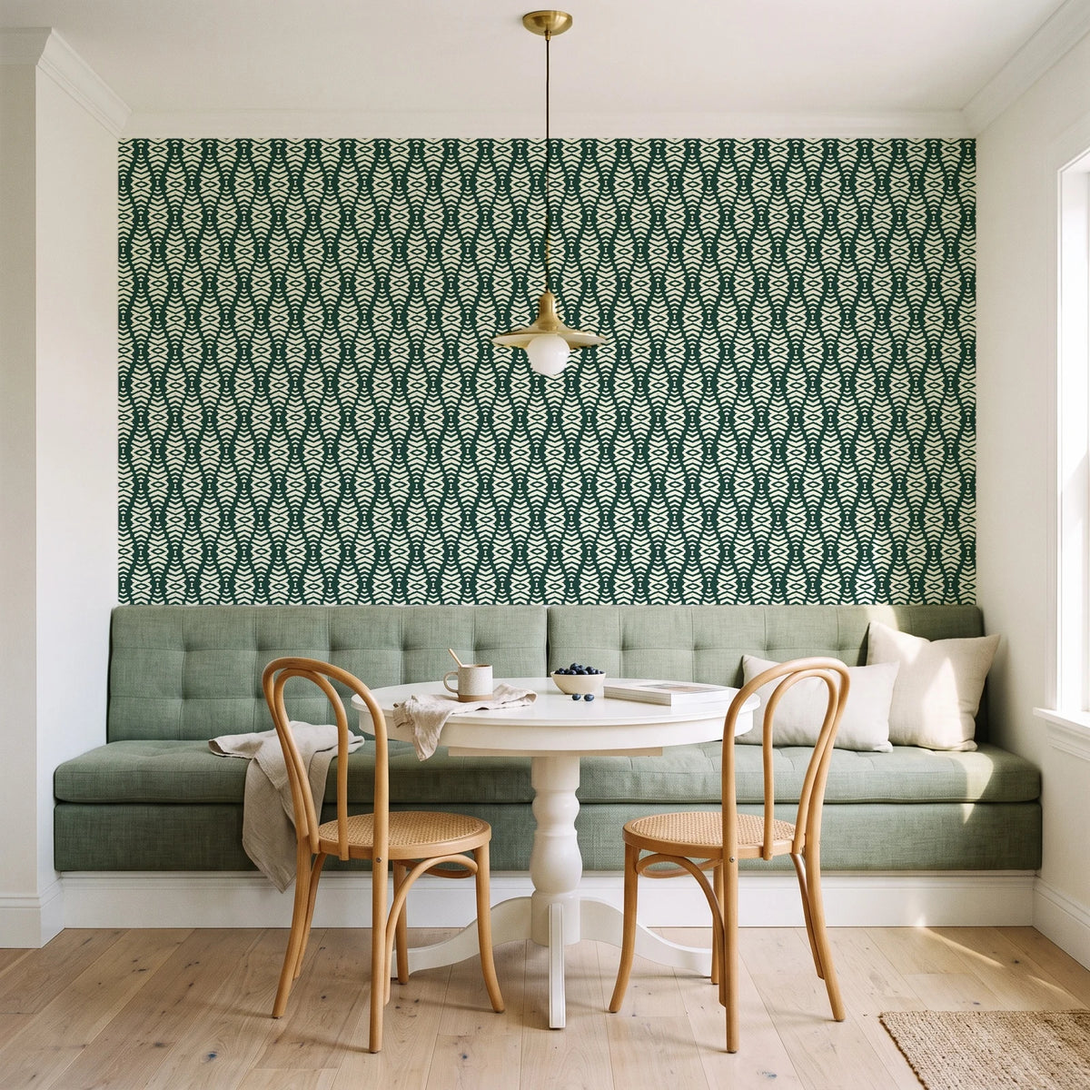 Smoke Ancestry Forest geometric wallpaper as a feature wall in a sunlit breakfast nook
