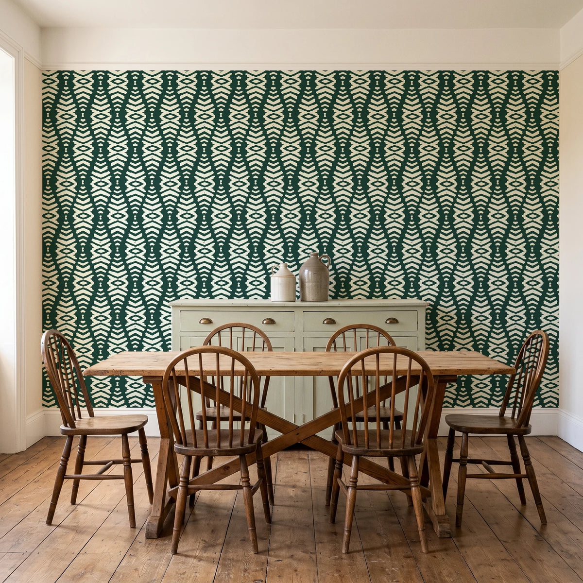 Smoke Ancestry Forest geometric wallpaper in a farmhouse dining room with a sage sideboard and rustic trestle table