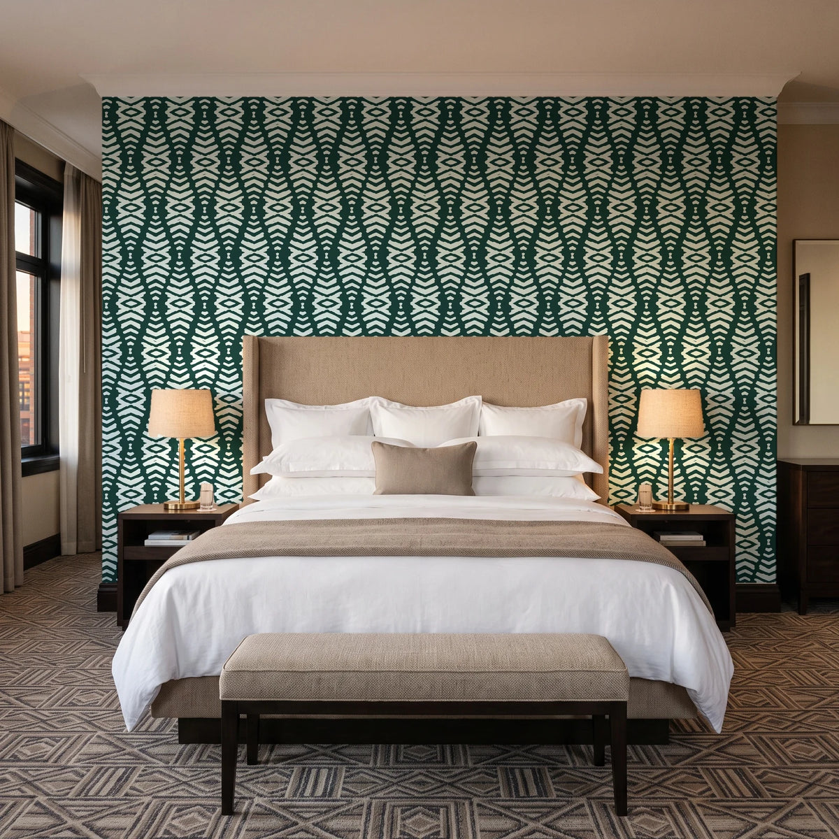 Smoke Ancestry Forest geometric wallpaper behind the headboard of a king bed in a contemporary hotel guest room