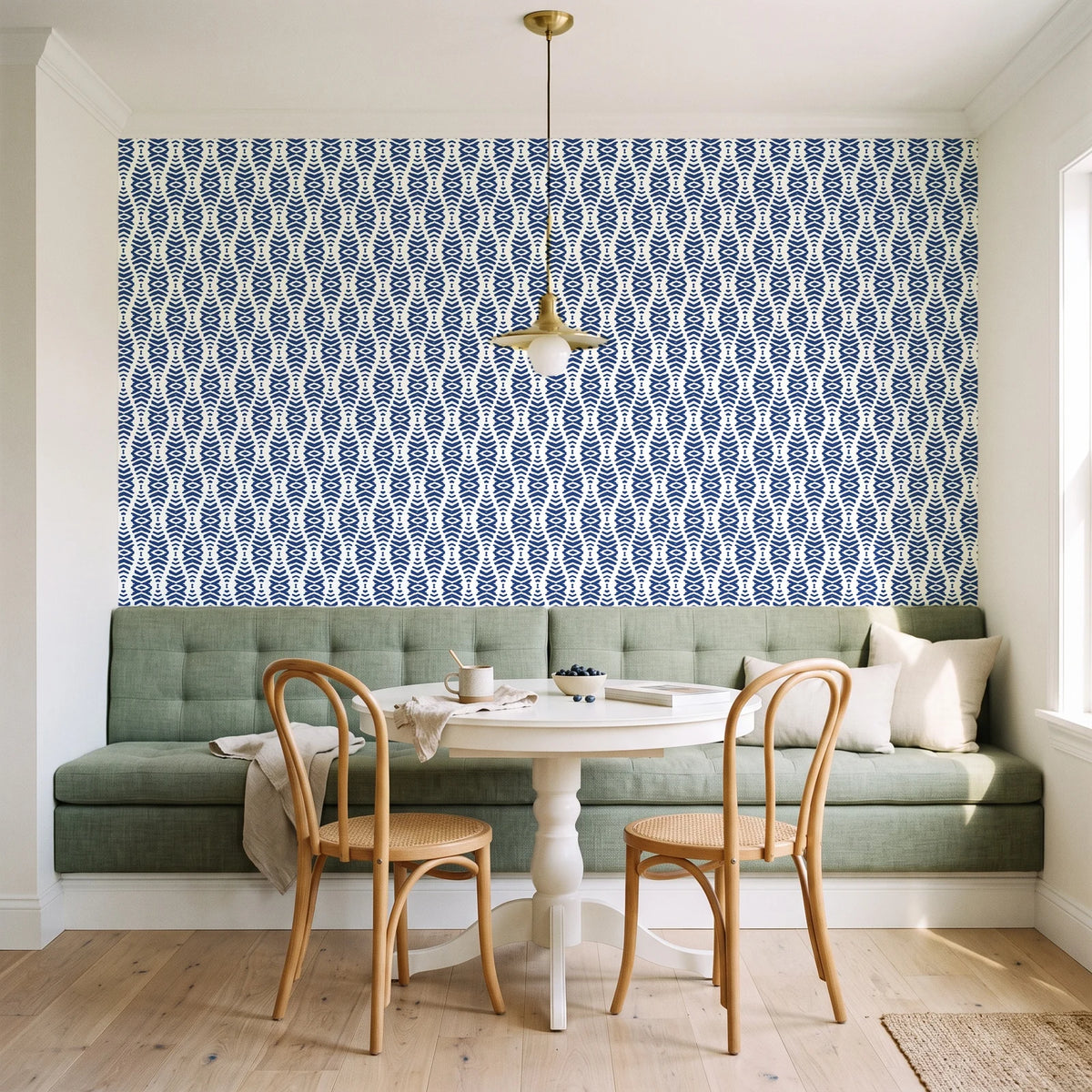 Smoke Ancestry Indigo geometric wallpaper as a feature wall in a sunlit breakfast nook