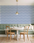 Smoke Ancestry Indigo geometric wallpaper as a feature wall in a sunlit breakfast nook