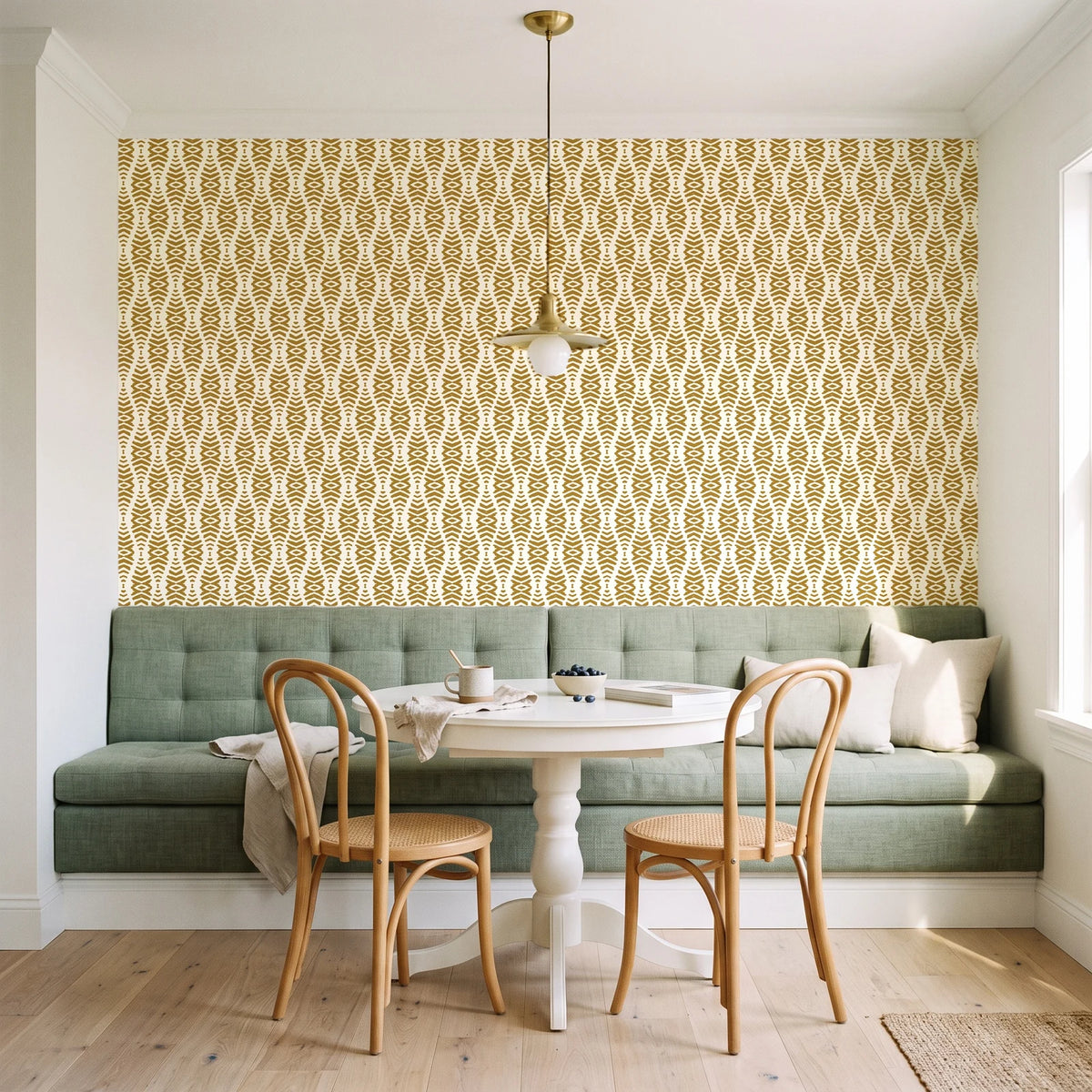 Smoke Ancestry Ochre geometric wallpaper as a feature wall in a sunlit breakfast nook