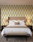 Smoke Ancestry Ochre geometric wallpaper behind the headboard of a king bed in a contemporary hotel guest room