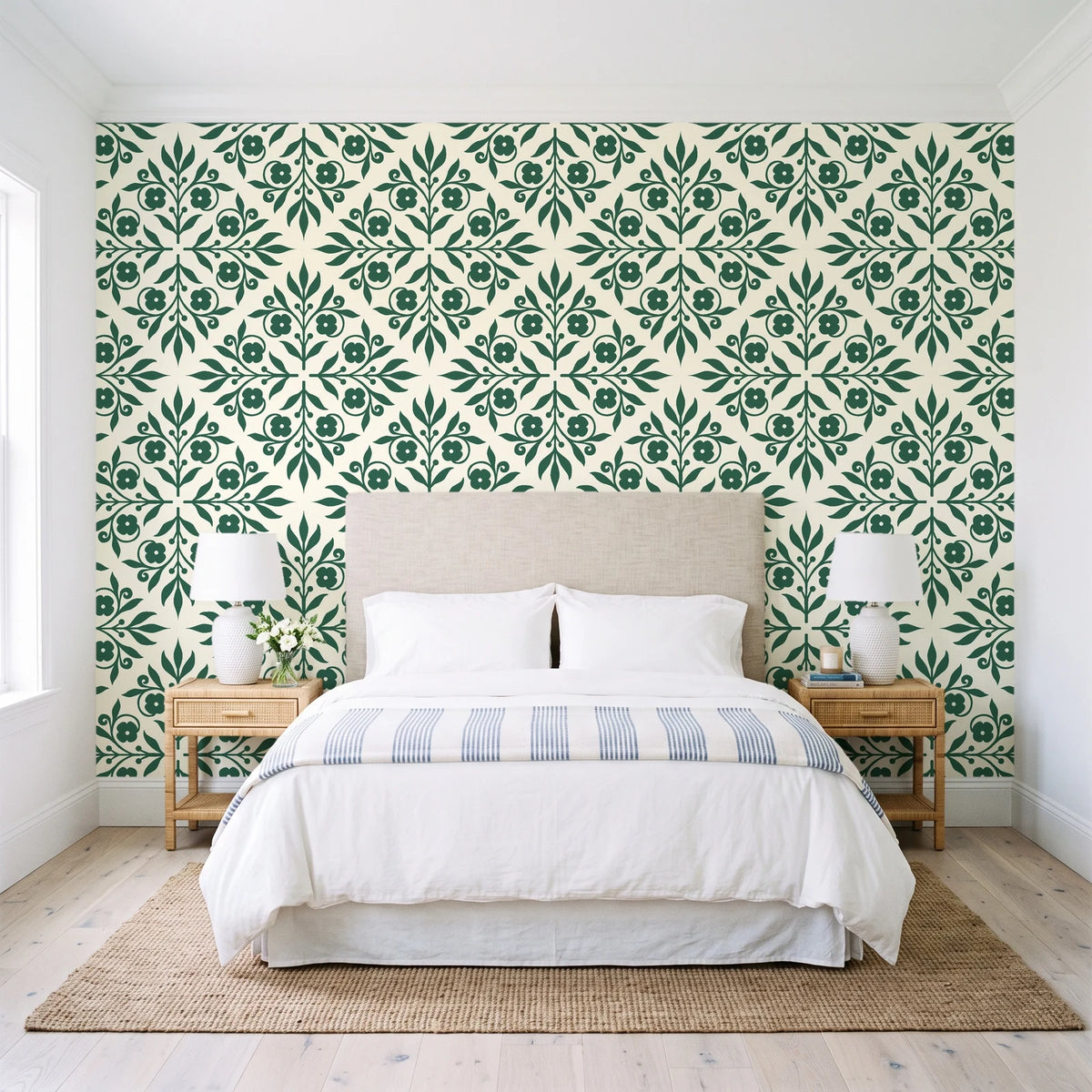 Soft Bouquet Opus Emerald floral damask wallpaper behind a queen bed in a bright coastal bedroom