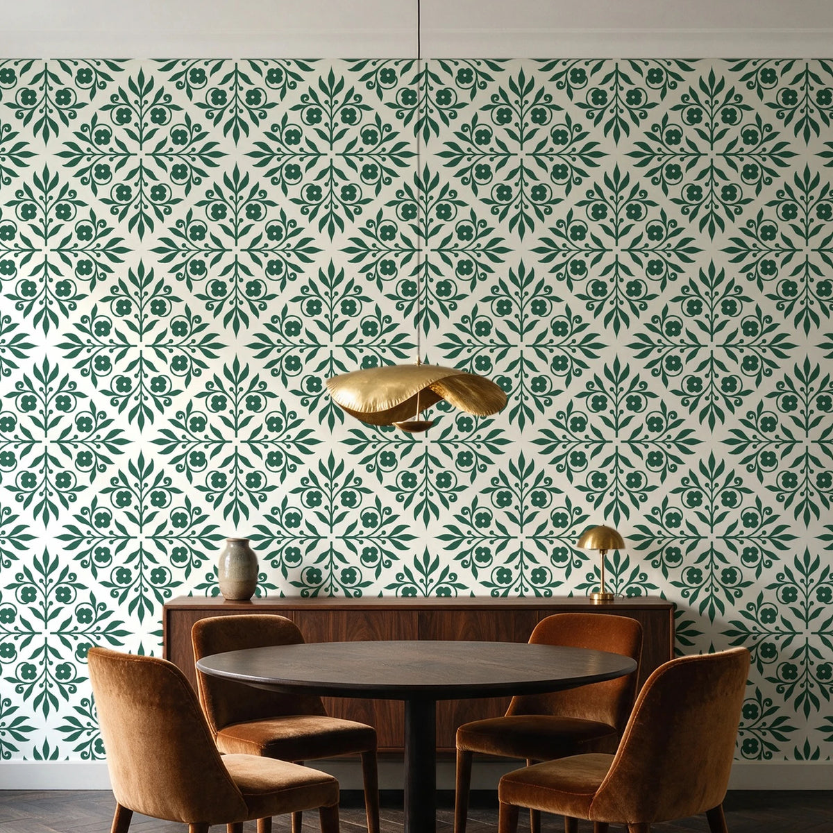Soft Bouquet Opus Emerald floral damask wallpaper behind a walnut credenza and round table in an elegant dining room