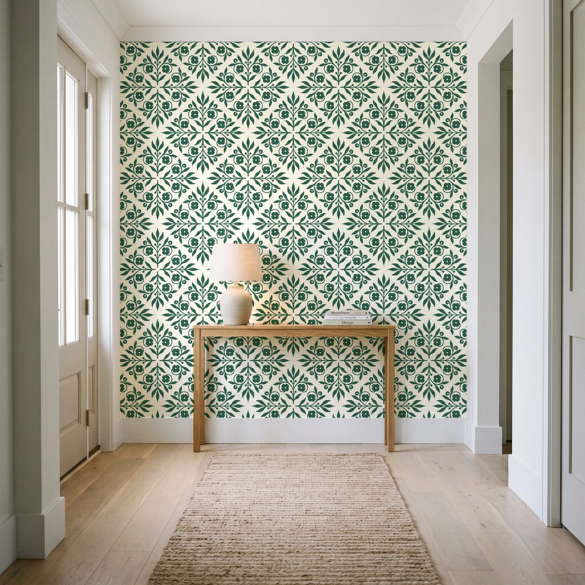Soft Bouquet Opus Emerald floral damask wallpaper behind a console table in a light entry hallway