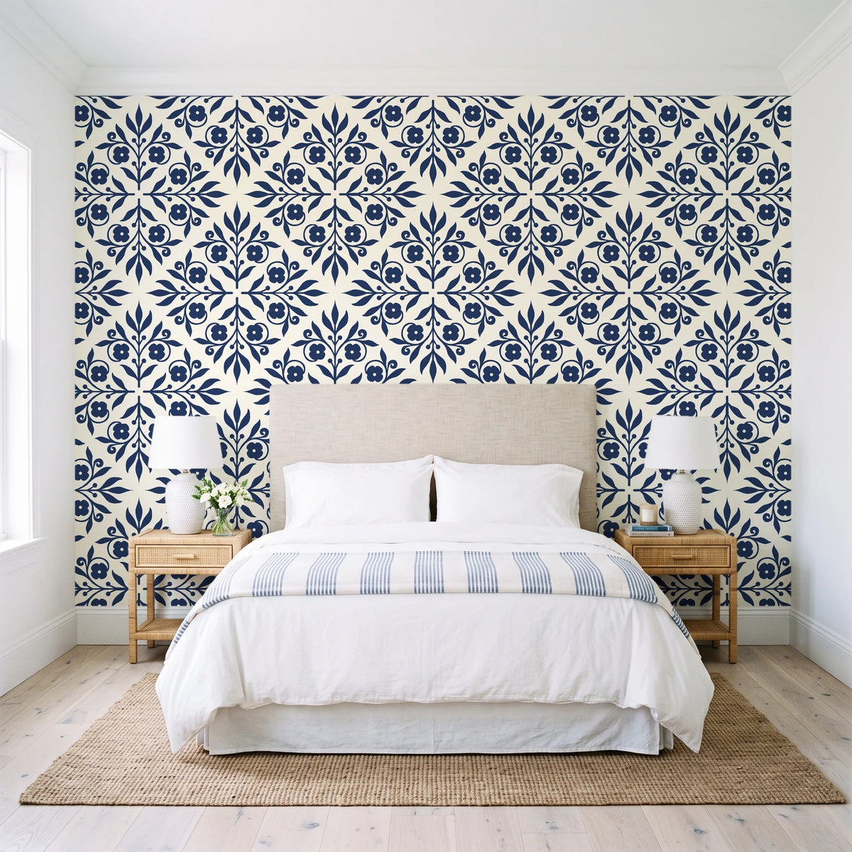 Soft Bouquet Opus Midnight floral damask wallpaper behind a queen bed in a bright coastal bedroom