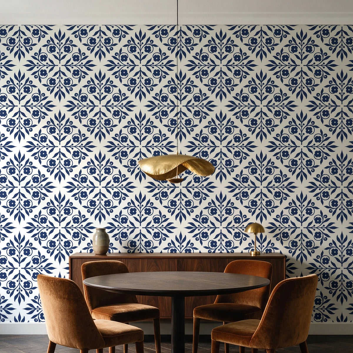Soft Bouquet Opus Midnight floral damask wallpaper behind a walnut credenza and round table in an elegant dining room