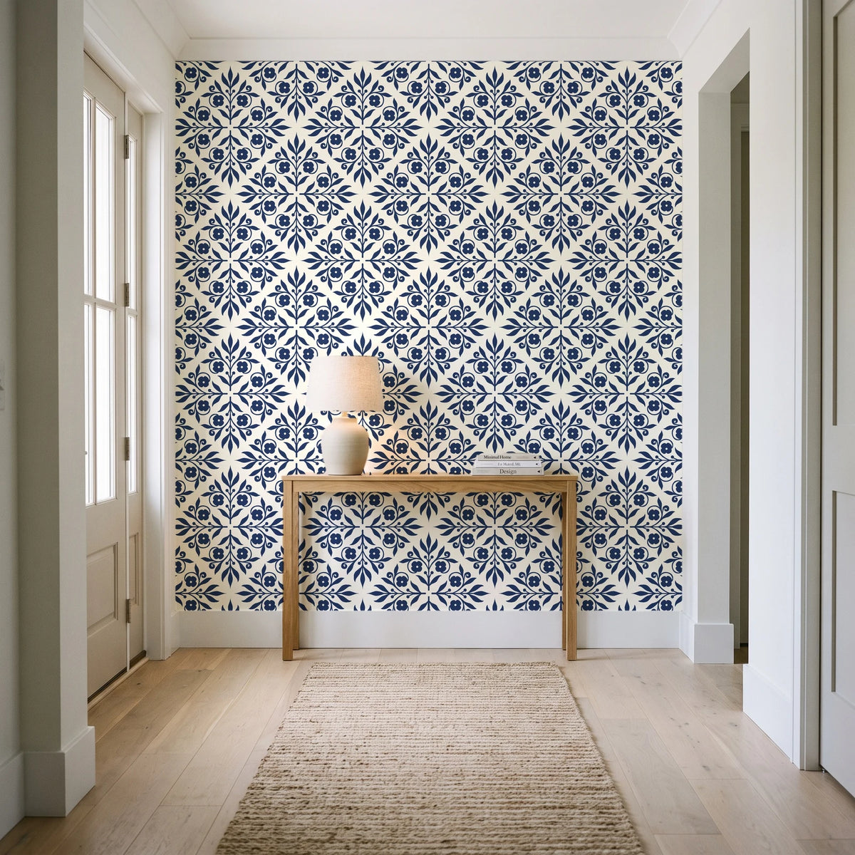 Soft Bouquet Opus Midnight floral damask wallpaper behind a console table in a light entry hallway