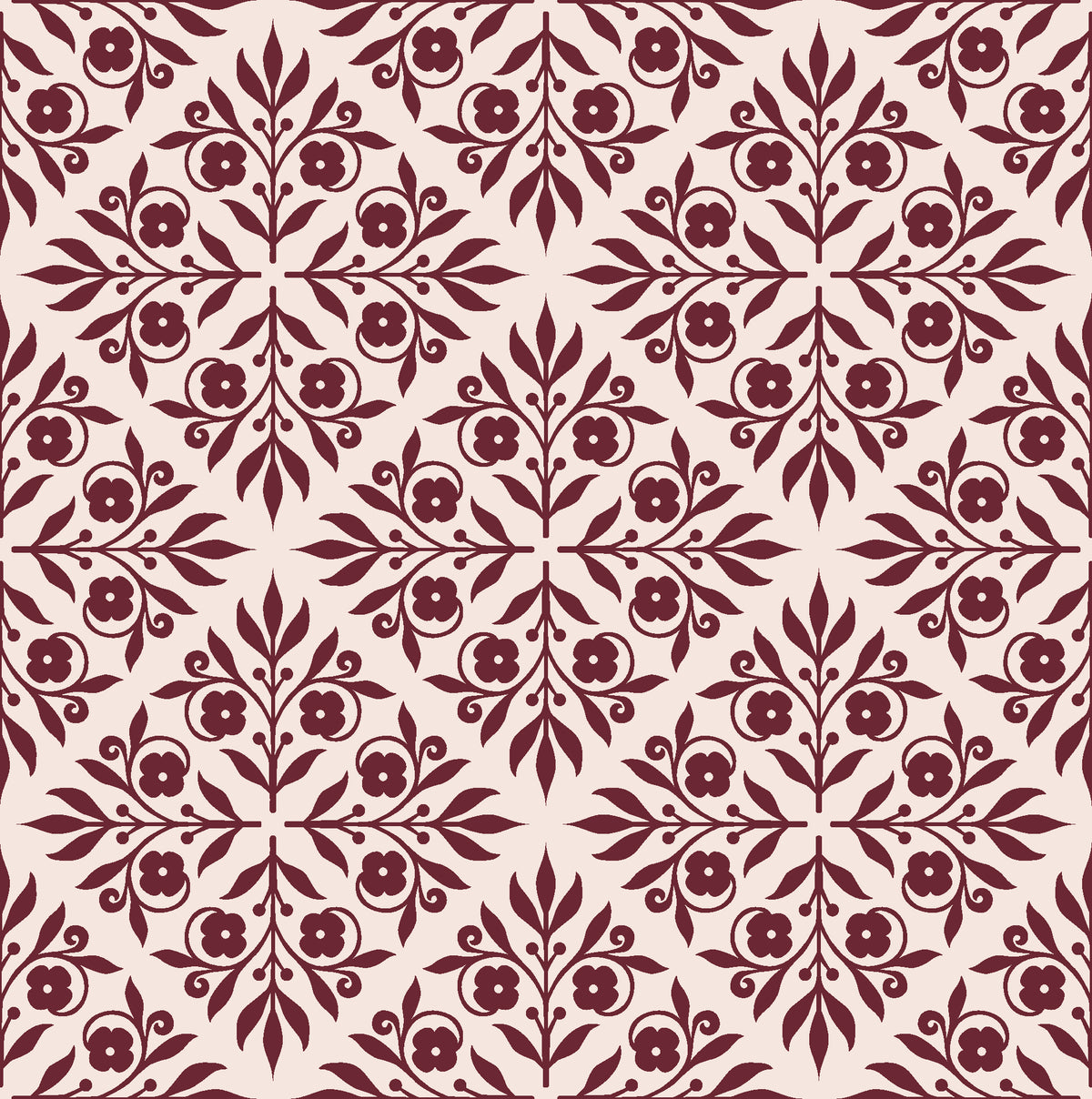 Soft Bouquet Opus Oxblood floral damask wallpaper in oxblood and blush