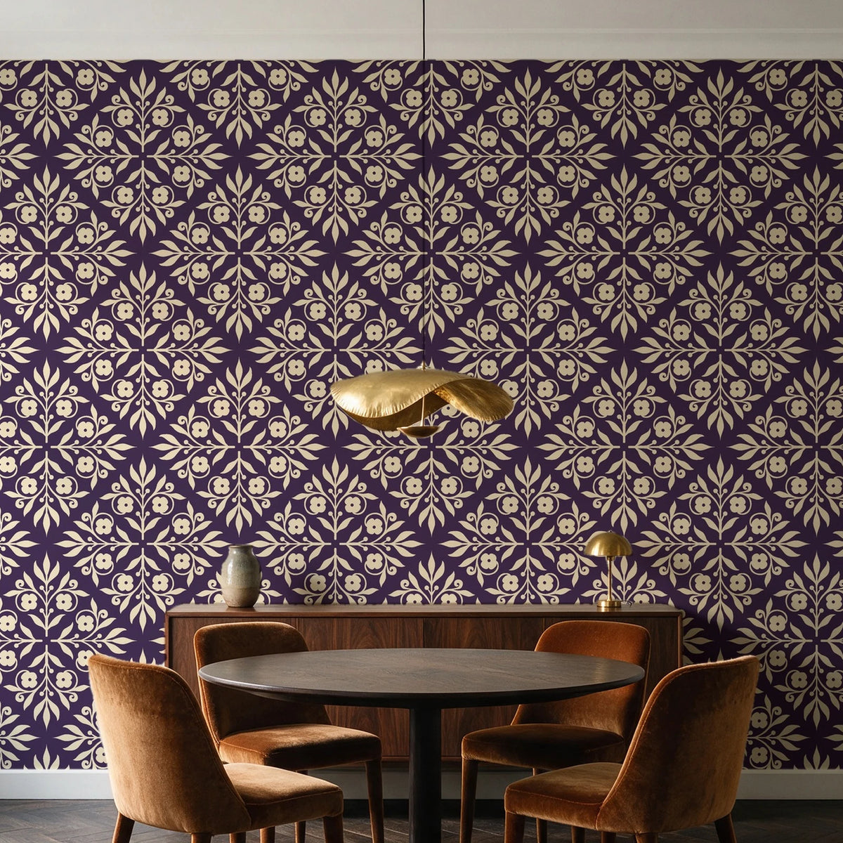 Soft Bouquet Opus Plum floral damask wallpaper behind a walnut credenza and round table in an elegant dining room