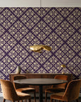 Soft Bouquet Opus Plum floral damask wallpaper behind a walnut credenza and round table in an elegant dining room