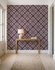 Soft Bouquet Opus Plum floral damask wallpaper behind a console table in a light entry hallway