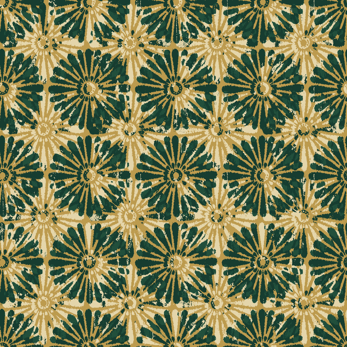Solar Ritual Emerald floral wallpaper in emerald and gold