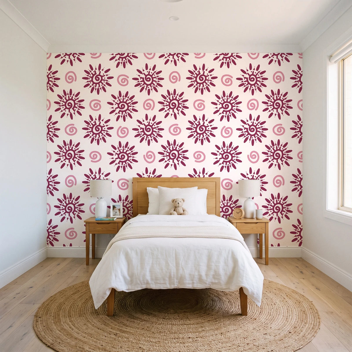 Solstice Bloom Berry folk sun wallpaper in a bright, cheerful child's bedroom