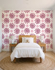 Solstice Bloom Berry folk sun wallpaper in a bright, cheerful child's bedroom