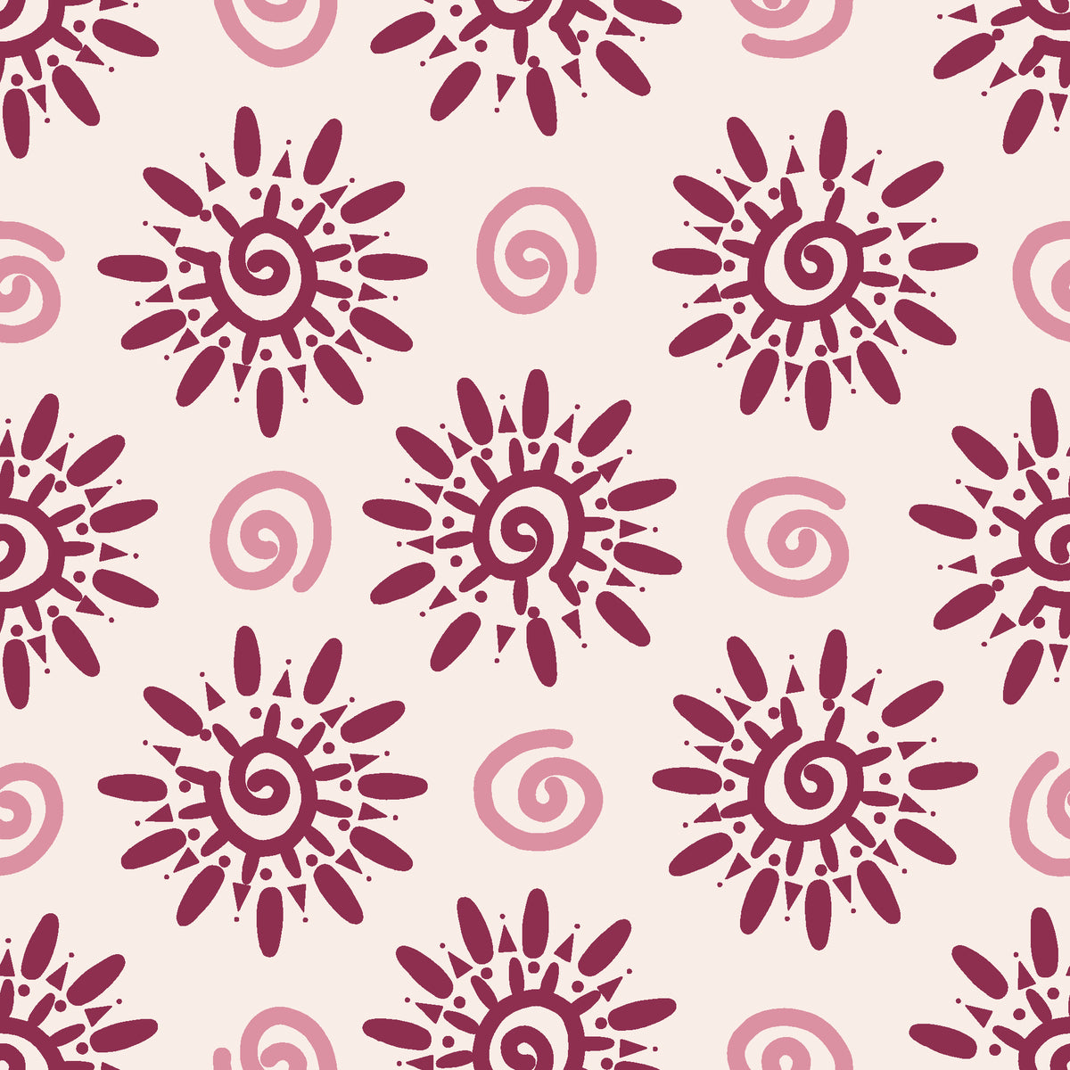 Solstice Bloom Berry folk sun wallpaper in berry and blush