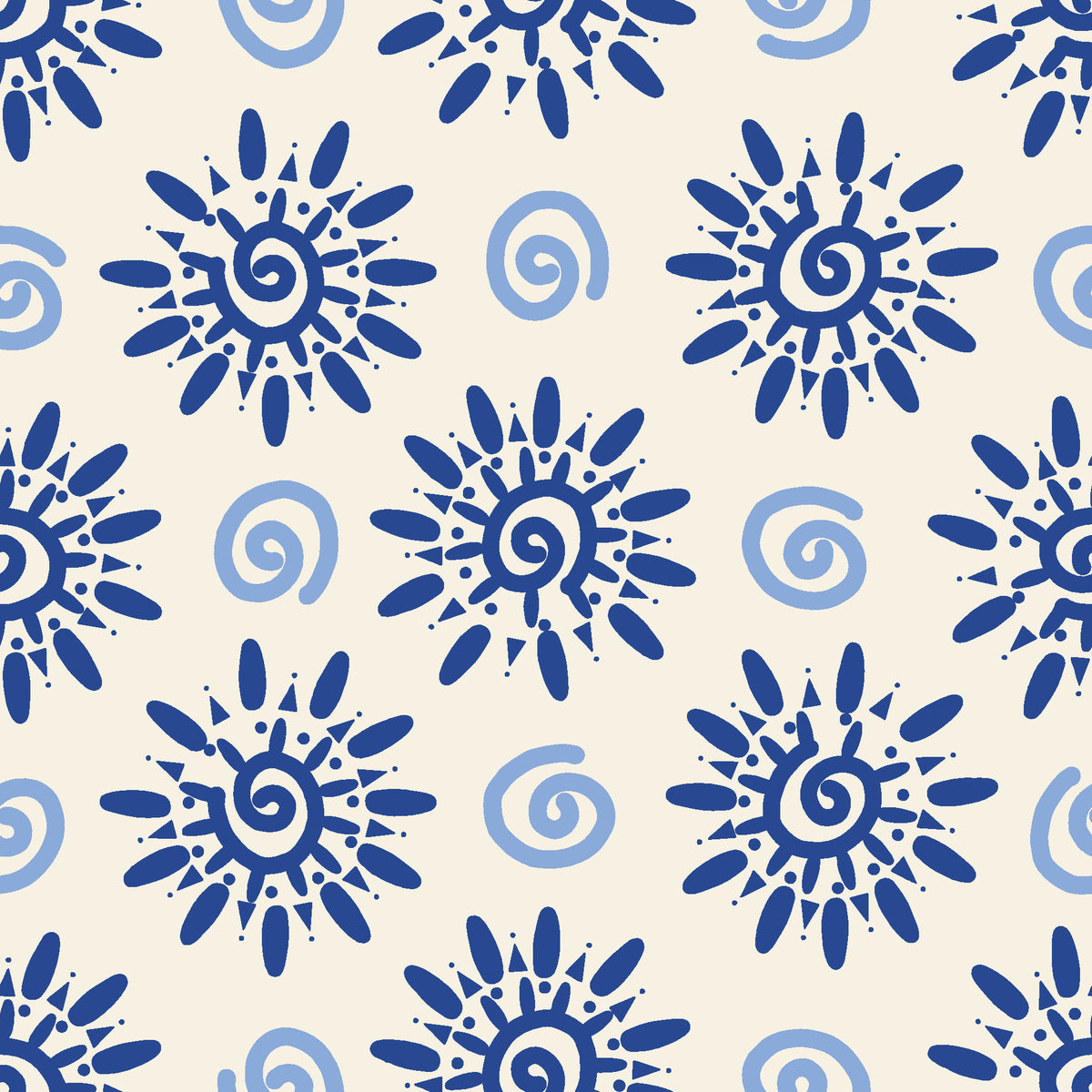Solstice Bloom Cobalt folk sun wallpaper in cobalt and cream