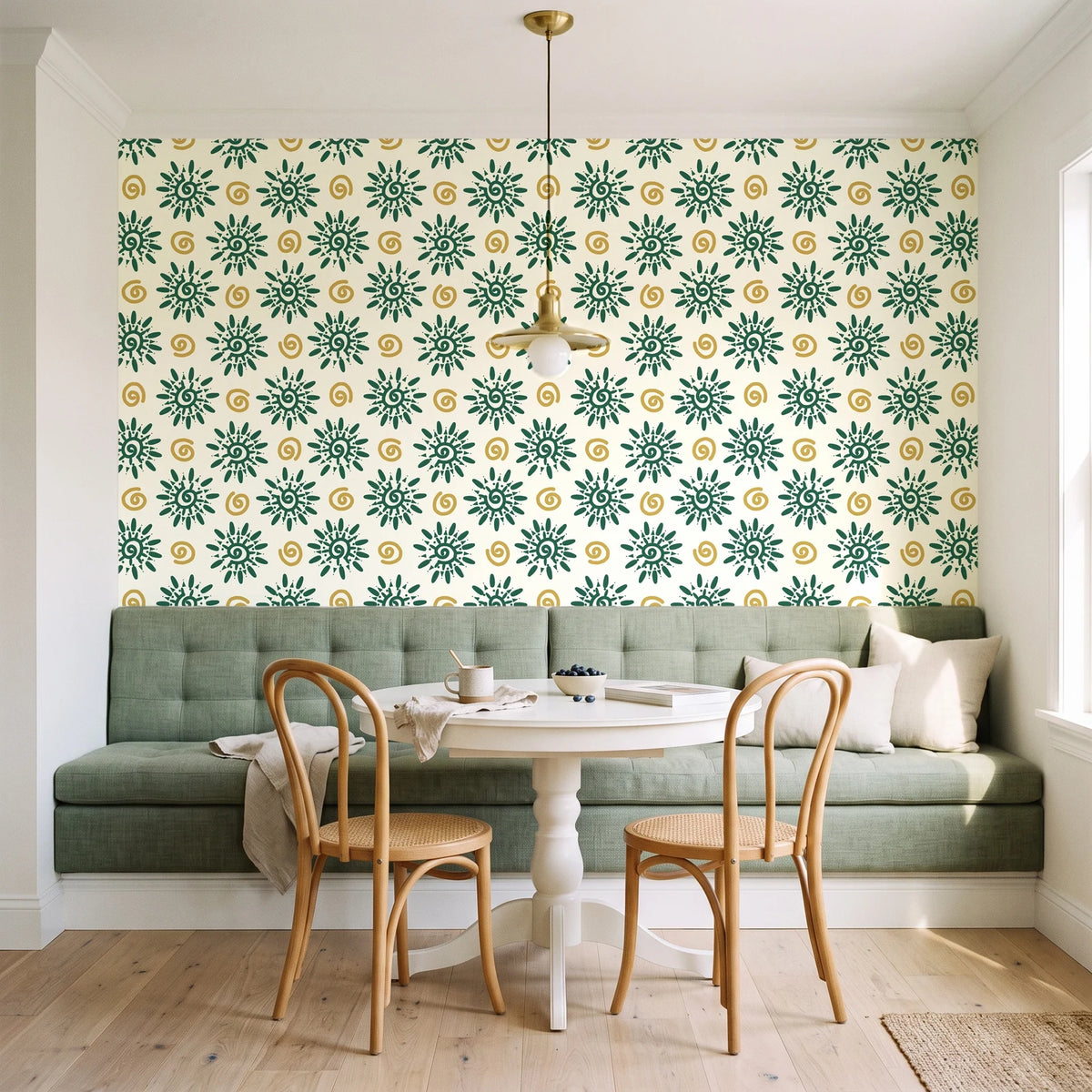 Solstice Bloom Emerald folk sun wallpaper as a feature wall in a sunlit breakfast nook