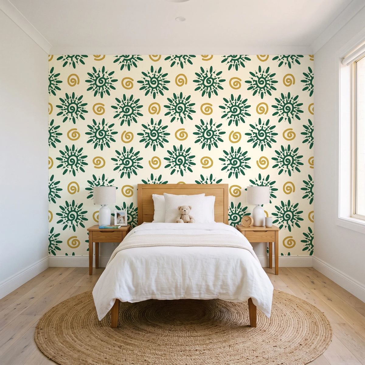 Solstice Bloom Emerald folk sun wallpaper in a bright, cheerful child's bedroom