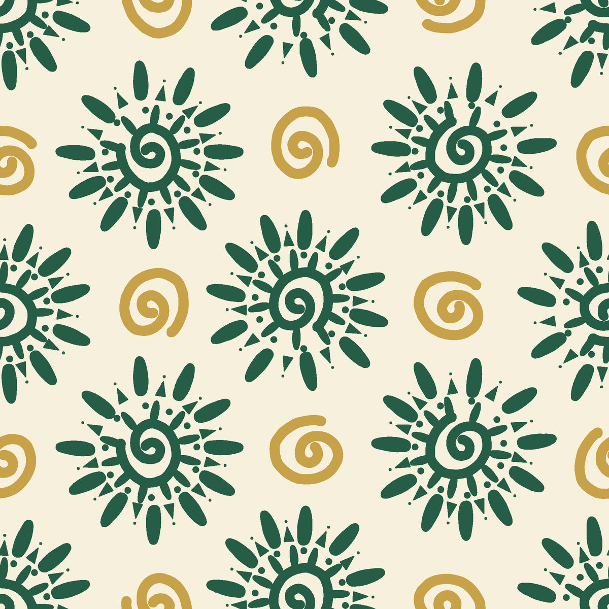 Solstice Bloom Emerald folk sun wallpaper in emerald and brass
