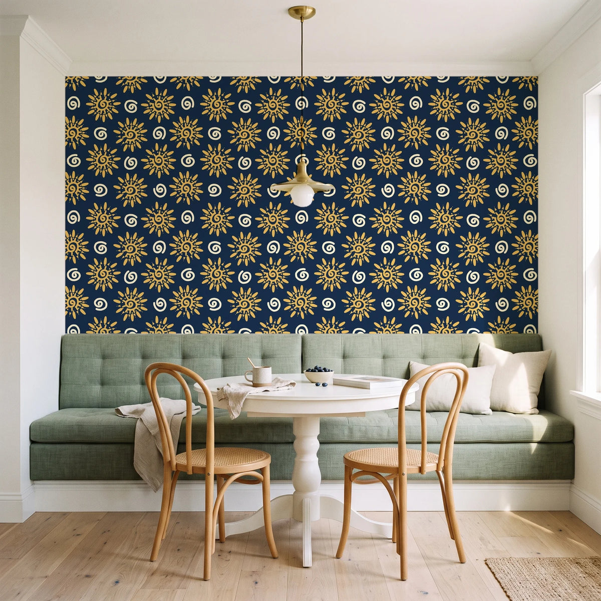 Solstice Bloom Midnight folk sun wallpaper as a feature wall in a sunlit breakfast nook