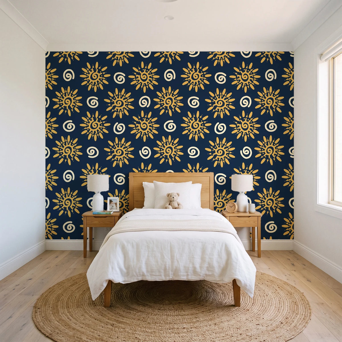 Solstice Bloom Midnight folk sun wallpaper in a bright, cheerful child's bedroom