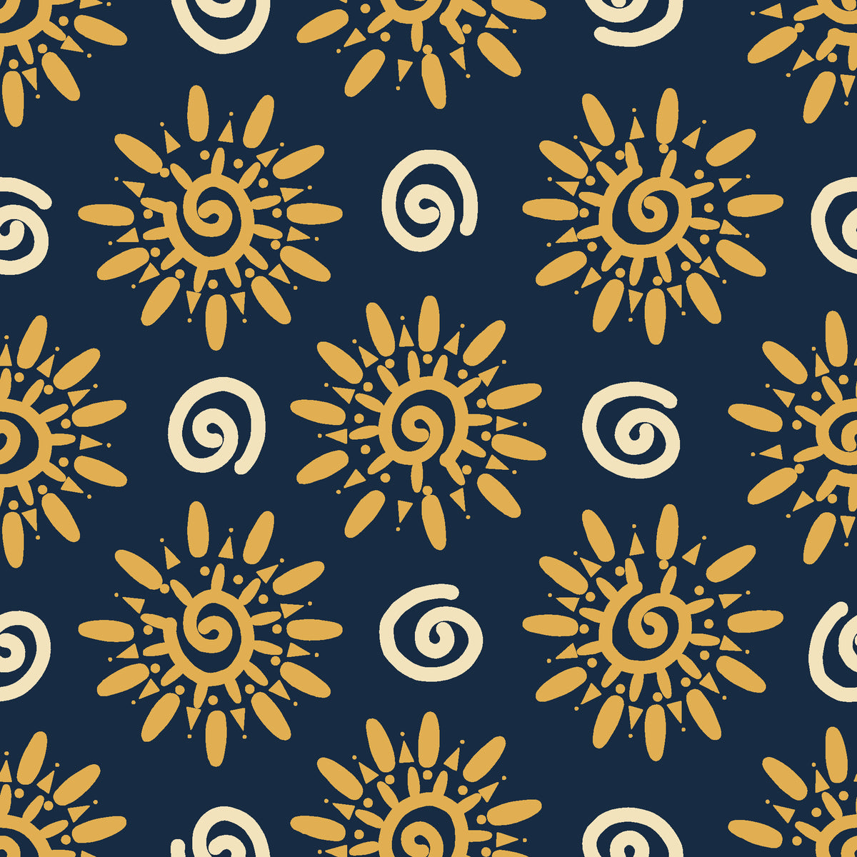 Solstice Bloom Midnight folk sun wallpaper in midnight and gold