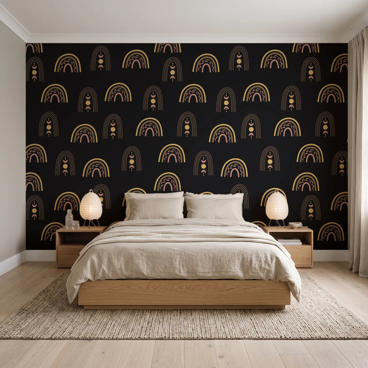 Solstice Rite Eclipse boho rainbow wallpaper behind a low platform bed in a serene Japandi bedroom