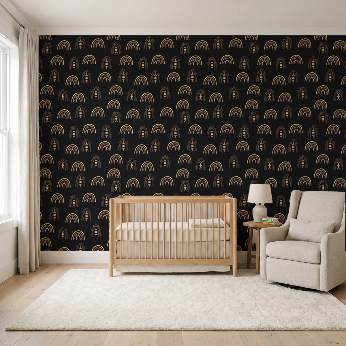 Solstice Rite Eclipse boho rainbow wallpaper in a calm, light-filled nursery