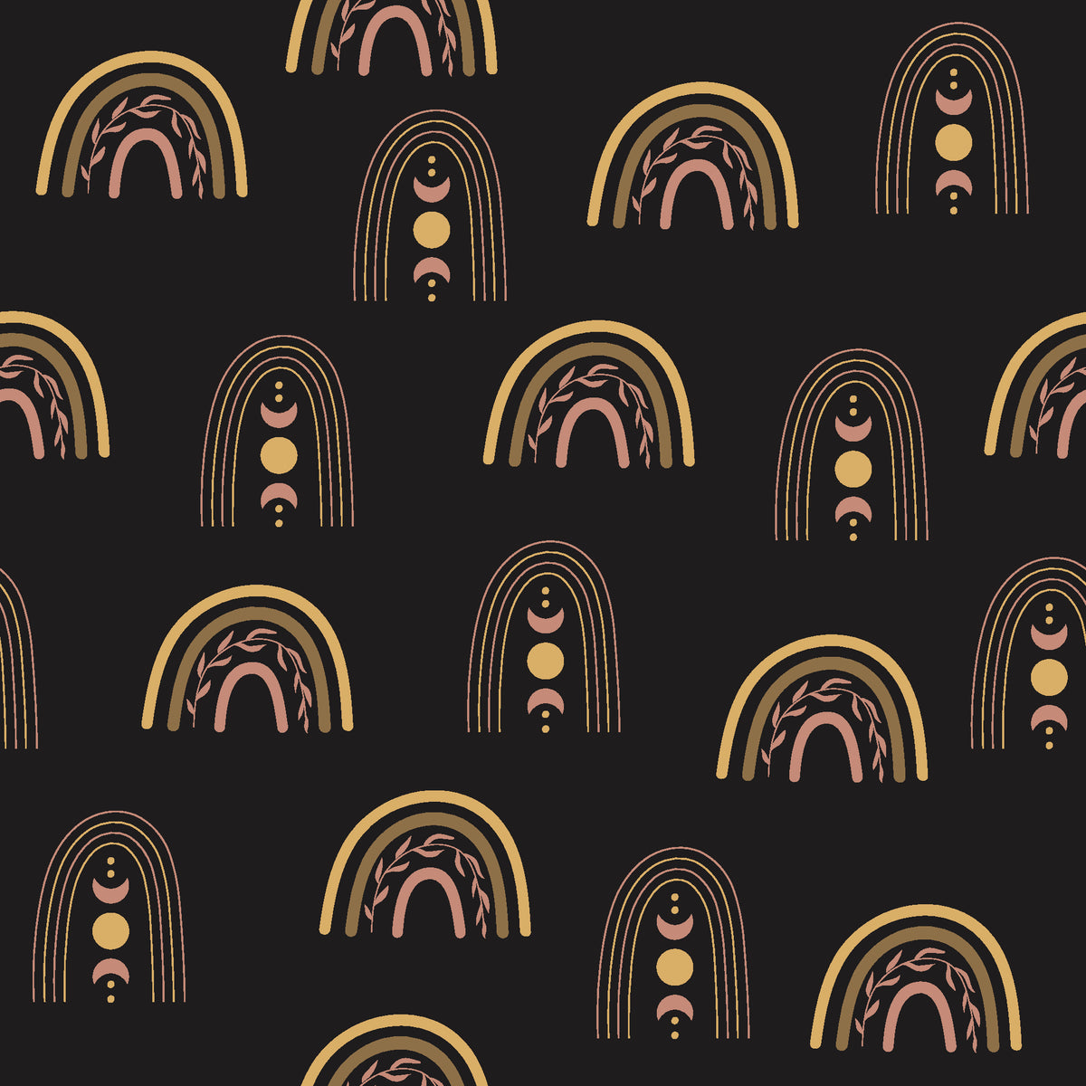 Solstice Rite Eclipse boho rainbow wallpaper in black and gold
