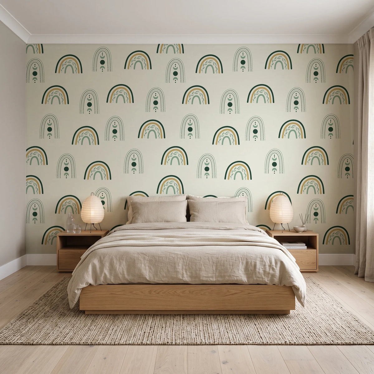 Solstice Rite Forest boho rainbow wallpaper behind a low platform bed in a serene Japandi bedroom
