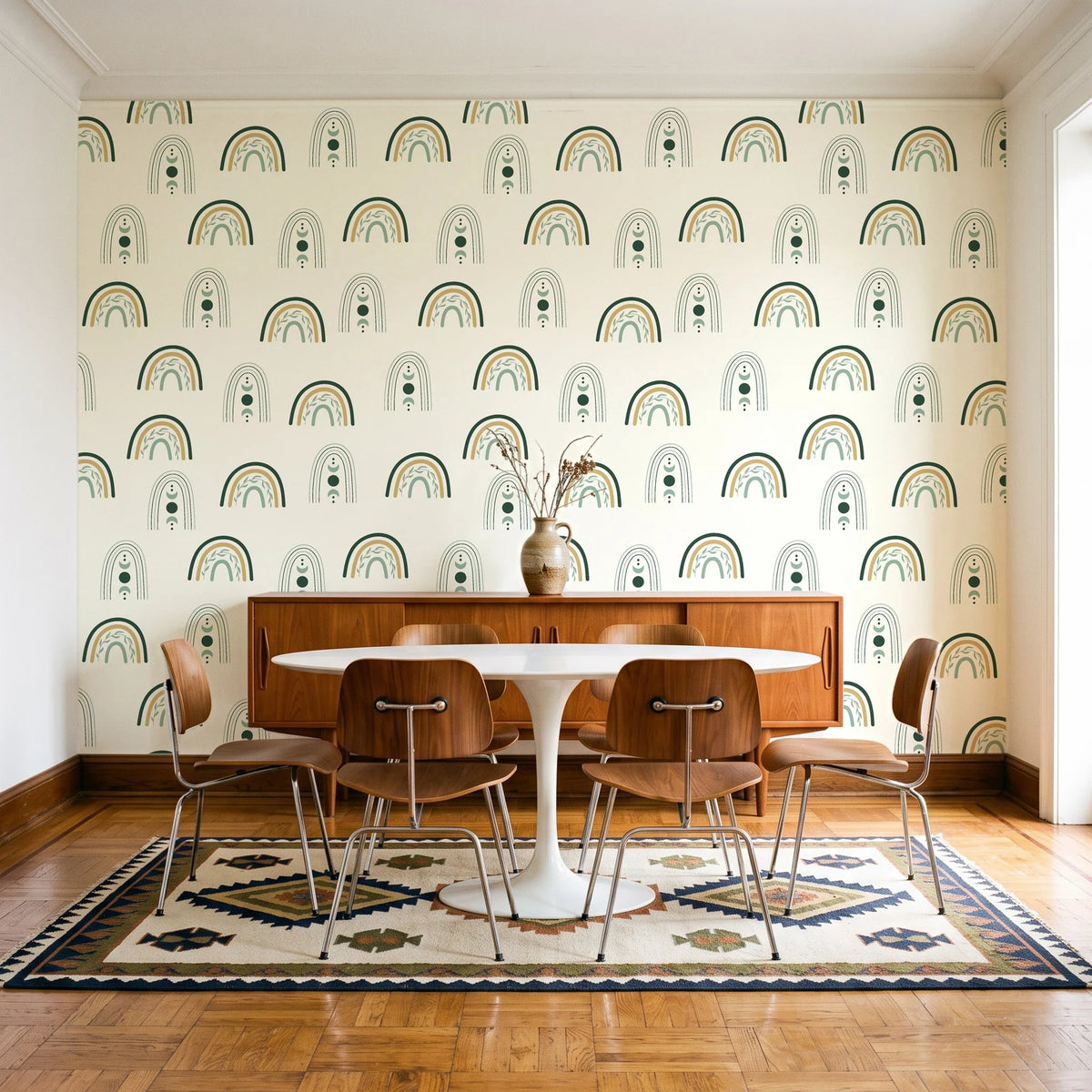Solstice Rite Forest boho rainbow wallpaper in a mid-century dining room with a teak sideboard and tulip table