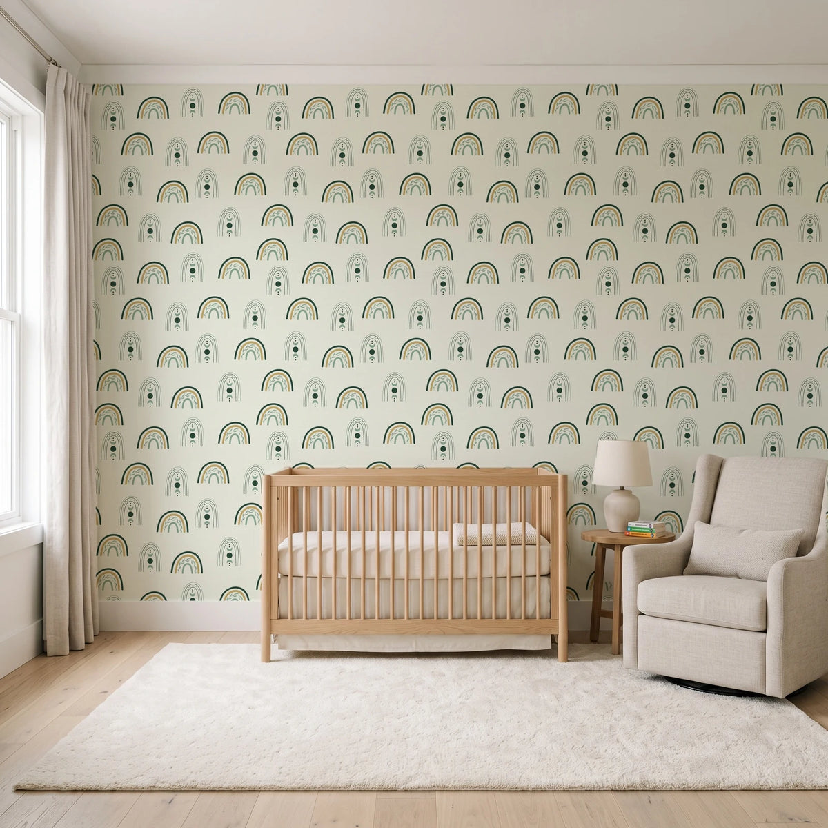 Solstice Rite Forest boho rainbow wallpaper in a calm, light-filled nursery
