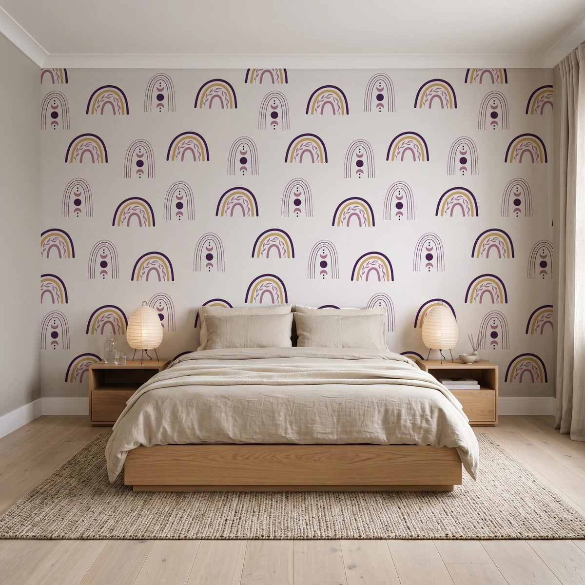 Solstice Rite Plum boho rainbow wallpaper behind a low platform bed in a serene Japandi bedroom