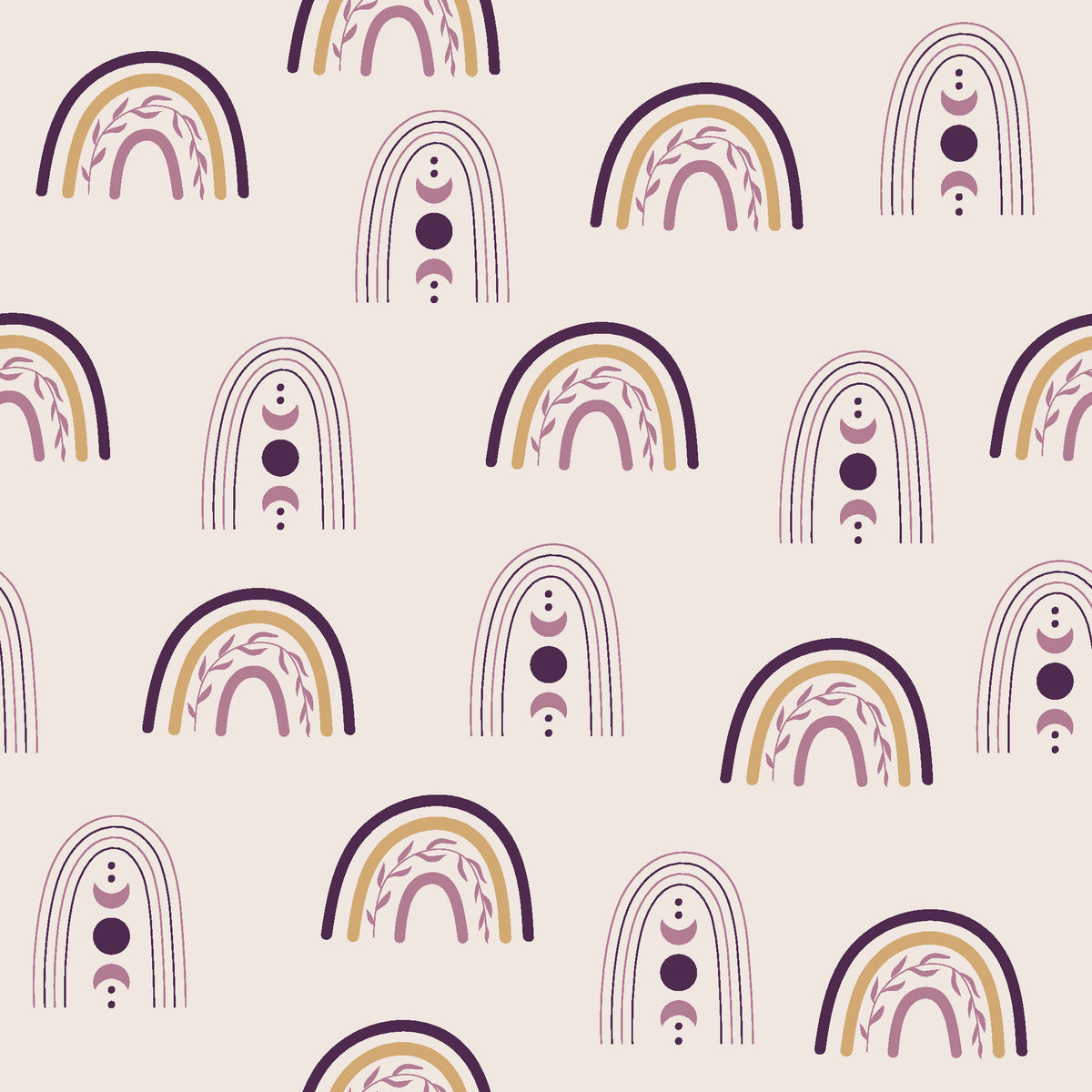 Solstice Rite Plum boho rainbow wallpaper in plum and blush