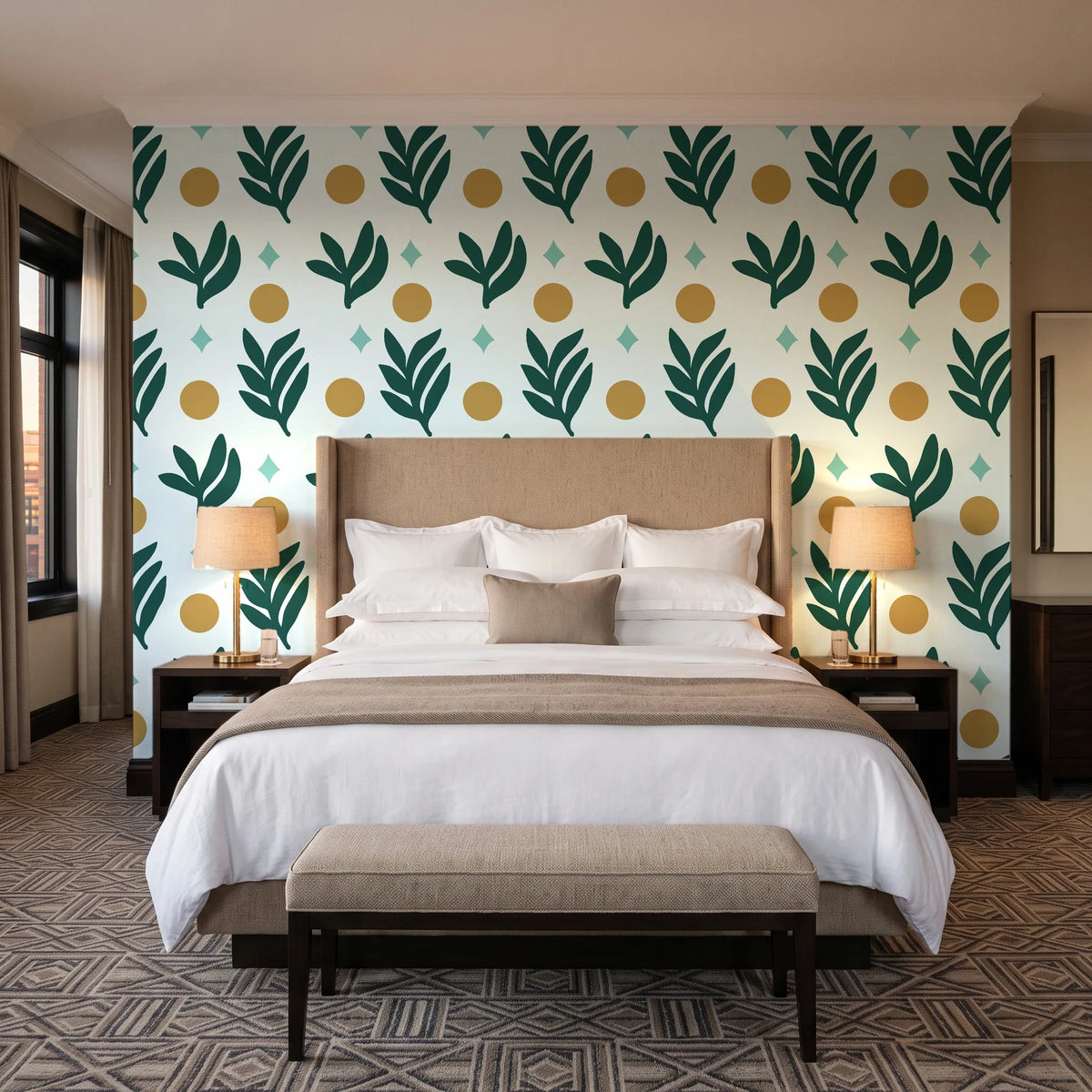 Spice & Frond Emerald leaf frond wallpaper behind the headboard of a king bed in a contemporary hotel guest room