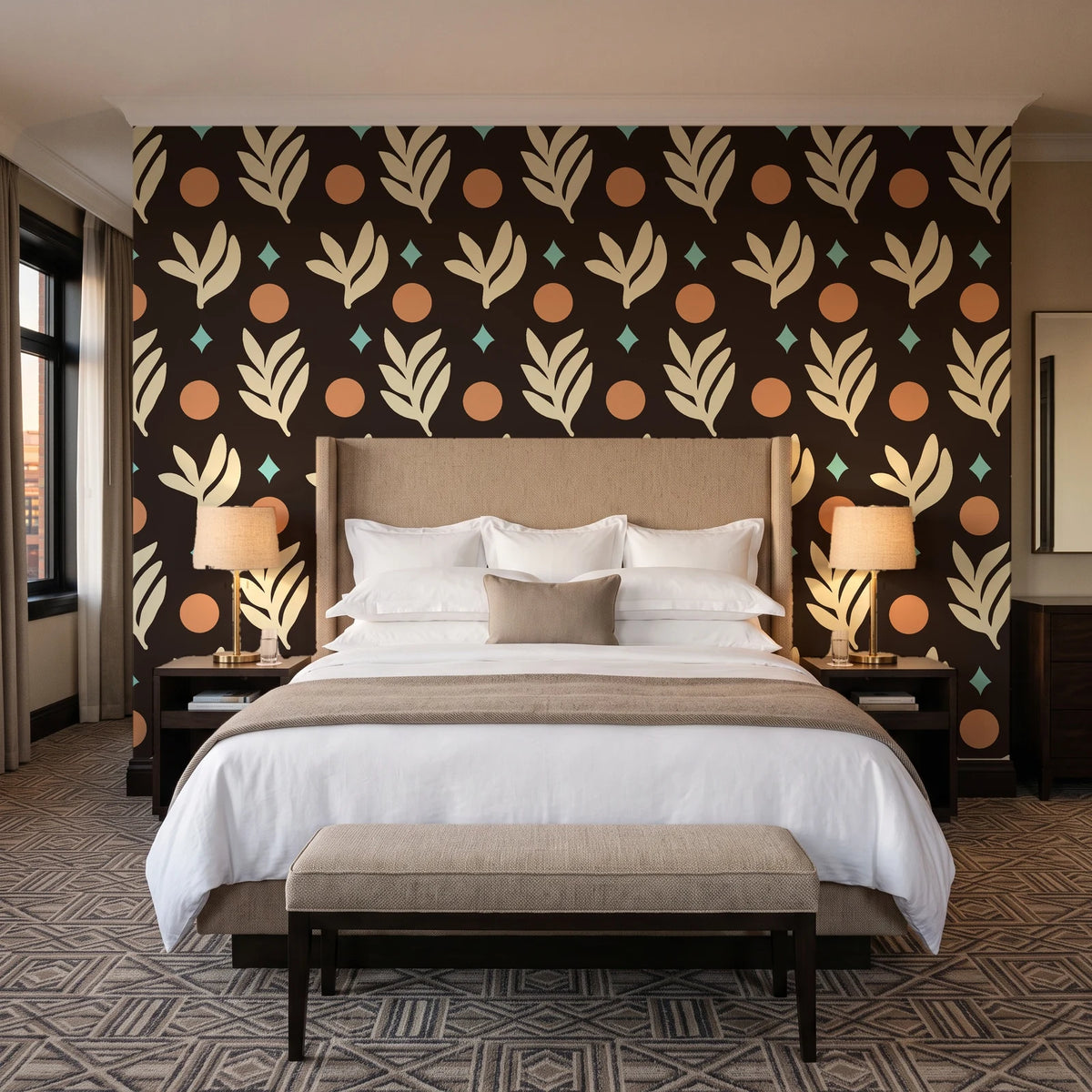 Spice & Frond Espresso leaf frond wallpaper behind the headboard of a king bed in a contemporary hotel guest room
