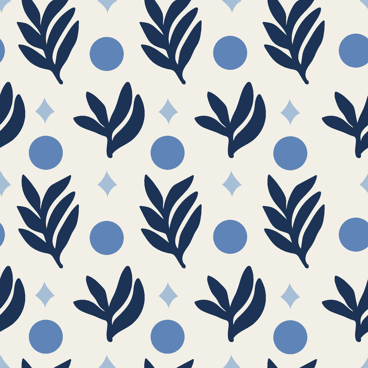 Spice & Frond Indigo leaf frond wallpaper in indigo and linen